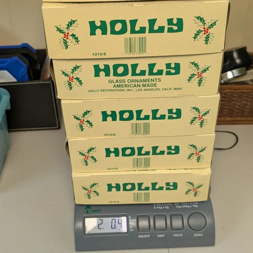 Holly Glass Christmas Ornaments Gold Round Ball 2.25in Set of 6 Boxes 48 Total